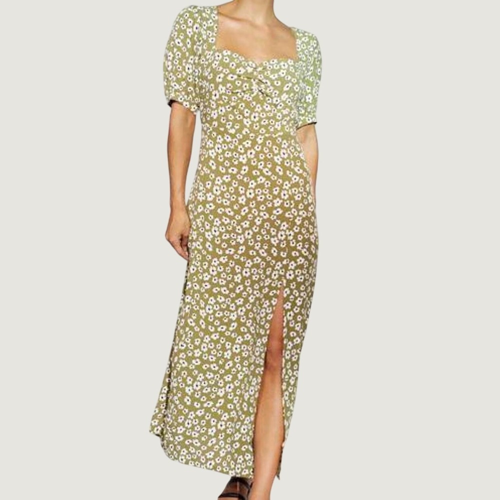 Rue Stiic Green Floral Daisy Maxi Dress Sweetheart Puff Sleeve Slit Womens Small